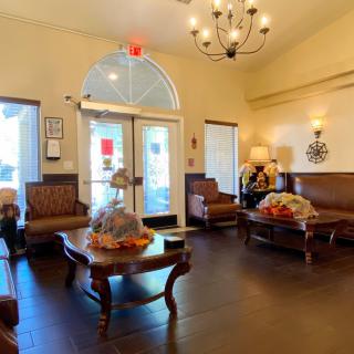 A cozy lobby with comfortable seating and elegant decor.