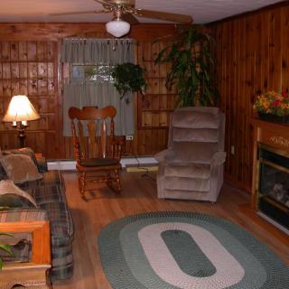 Cozy living room with wood paneling and comfortable seating.