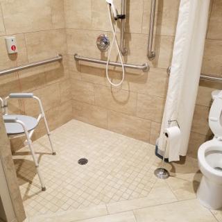 An accessible bathroom featuring a shower and toilet, equipped with safety grab bars and a folding shower seat.