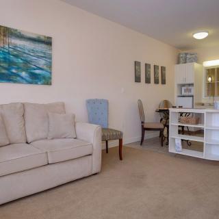 A cozy apartment living area with a sofa, dining table, and a small kitchenette.