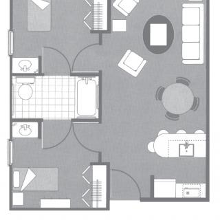 A floor plan of an apartment featuring a living room, kitchen, bedroom, and bathroom.