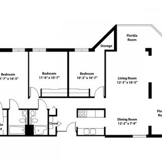 A detailed floor plan of an apartment showing the arrangement of rooms including bedrooms, bathrooms, living room, and dining area.