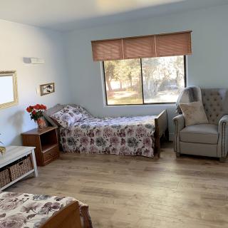 A bright and cozy bedroom with twin beds, an armchair, and a large window.