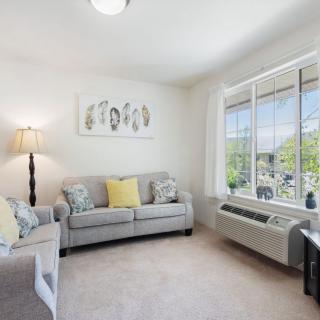 A bright and cozy living room with a sofa, lamp, and large window.