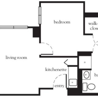 A floor plan of an apartment featuring a living room, bedroom, kitchenette, walk-in closet, and bathroom.