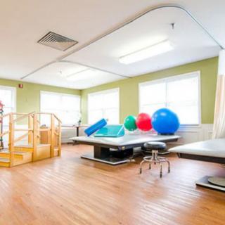 A bright and spacious physical therapy room equipped with exercise balls and various rehabilitation equipment.
