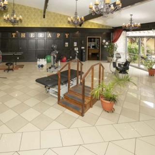 A spacious therapy room with exercise equipment and wooden stairs, decorated with chandeliers and potted plants.