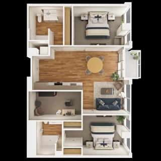 A 3D floor plan of a two-bedroom apartment, featuring a living room, kitchen, and bathroom.