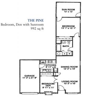 The Pine: Floor plan of a two-bedroom apartment with a den and sunroom, totaling 982 sq ft.