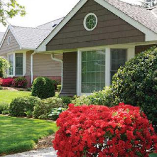 A beautiful suburban home with vibrant red flowers and well-maintained landscaping.