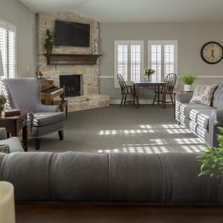 A cozy, well-lit living room featuring a fireplace and adjoining dining area.