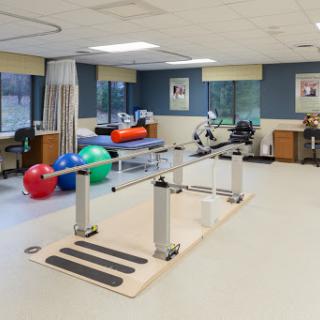 A well-equipped physical therapy room featuring exercise equipment, rehabilitation bars, and colorful exercise balls.