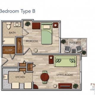 Floor plan of a two-bedroom apartment, Type B, featuring a living room, kitchen, bathroom, and patio.