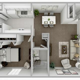 An aerial view of a modern apartment floor plan showcasing the living room, kitchen, dining area, and bedroom.