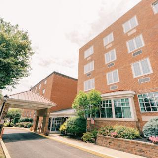 A view of a hotel entrance featuring modern architecture and lush greenery.