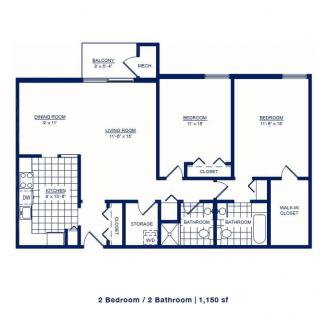 A floor plan of a two-bedroom, two-bathroom apartment.