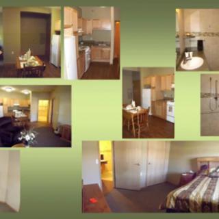 Collage of apartment interior showing kitchen, living room, and bedroom.