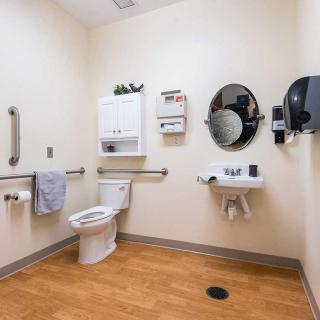 An accessible bathroom with grab bars, a toilet, sink, and paper towel dispenser.