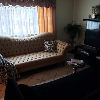 A cozy living room with a tufted sofa, a television, and sunlight streaming through sheer curtains.
