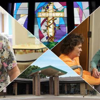 A collage depicting a vibrant community space focused on support and care for the elderly, highlighted by beautiful stained glass.