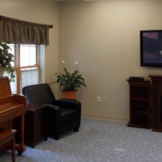 A cozy living room with a piano, chair, television, and a potted plant beside a window.