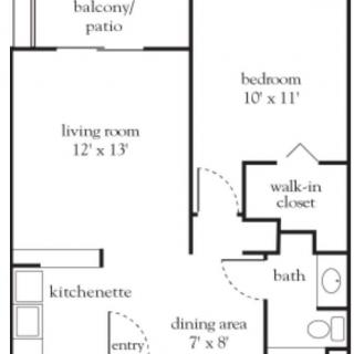 A floor plan showing a one-bedroom apartment with a living room, kitchenette, dining area, bathroom, walk-in closet, and balcony/patio.
