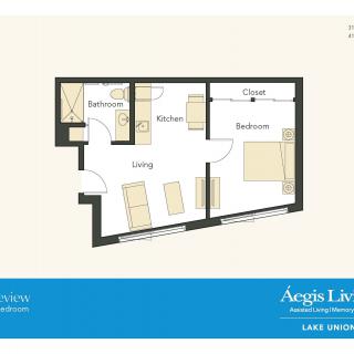 This image shows a floor plan of an apartment with a living room, kitchen, bathroom, and bedroom.