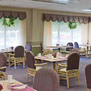 A well-lit dining area with neatly arranged tables and chairs, featuring decorative curtains and greenery.