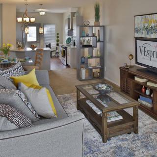 A cozy open-plan living room with stylish decor and a view into the dining area.