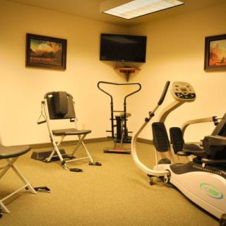 A small indoor gym with exercise equipment and paintings on the walls.