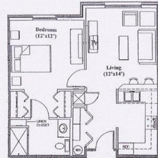A floor plan of a one-bedroom apartment featuring a living room, kitchen, bathroom, and walk-in closet.
