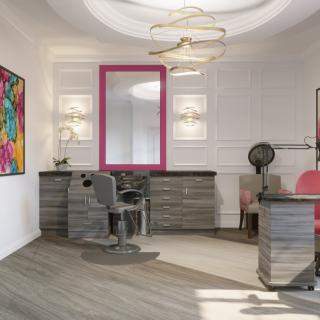 A modern salon interior with stylish decor and comfortable seating.