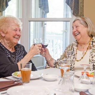 Two elderly women enjoying a celebratory meal together.