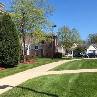 A serene view of a well-maintained residential area featuring neatly manicured lawns and a clear blue sky.