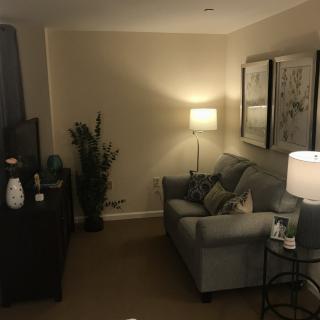 A cozy living room with soft lighting and tasteful decor.