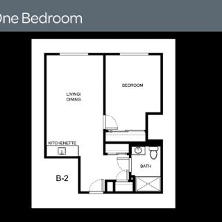 One-bedroom apartment floor plan layout.
