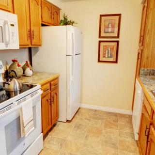 A cozy kitchen with wooden cabinetry, modern appliances, and decorative elements.