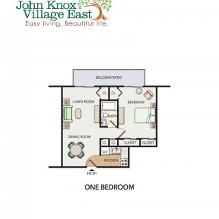 One-bedroom apartment floor plan at John Knox Village East.