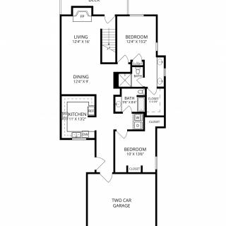 A detailed floor plan of a residential house showing the layout of rooms and garage.