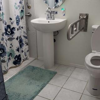 A clean bathroom with a floral shower curtain, white sink, and toilet.