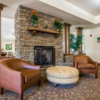 A cozy living room interior featuring a stone fireplace, comfortable armchairs, and decorative plants.