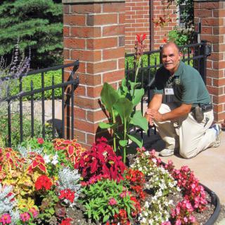 A person kneeling next to a vibrant flower bed in a garden.