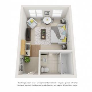 3D floor plan of a studio apartment featuring a living area, bedroom, kitchen, and bathroom.