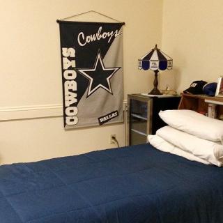 A bedroom featuring sports-themed decor with a team flag on the wall.