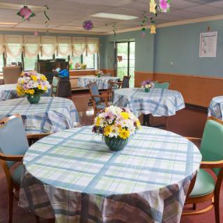 A cozy dining room with round tables covered in checkered tablecloths, each adorned with a vase of colorful flowers.