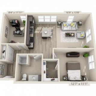 A 3D floor plan of a two-bedroom apartment featuring an open concept living area and kitchen.