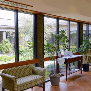 A bright and welcoming lobby with large windows, plants, and comfortable seating.