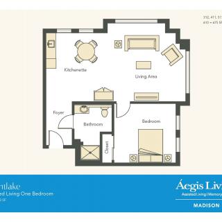 Floor plan of a one-bedroom apartment with living and dining areas.