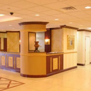 A hotel lobby with a reception desk and decorative elements.