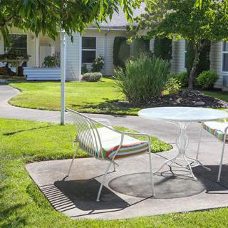 A sunny garden patio with a white table and metal chairs surrounded by greenery.